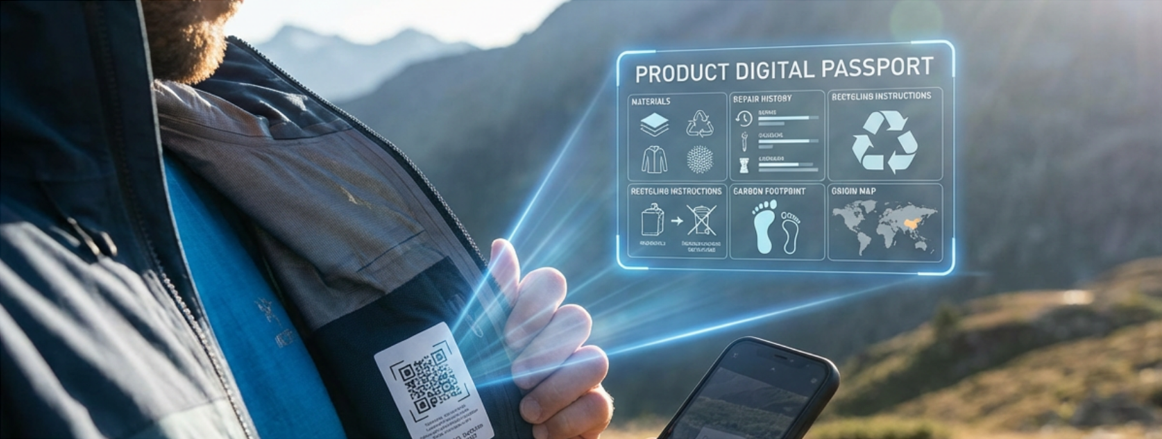 Outdoor jacket with a QR code label displaying textile Digital Product Passport information when scanned