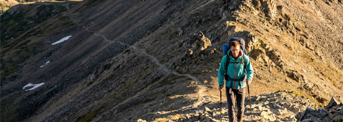 Hiker wearing a functional jacket on a rocky mountain trail