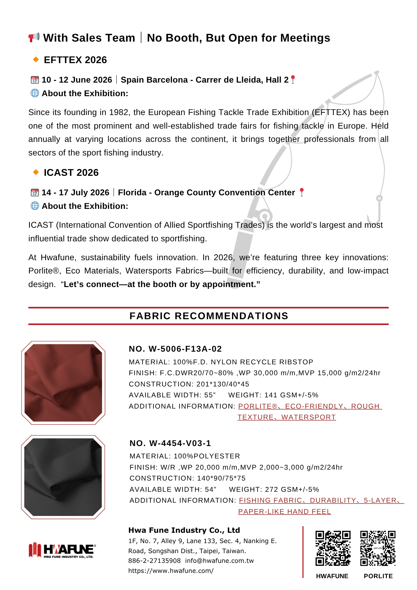 Hwa Fune Industry 2026 exhibition newsletter &mdash; With Sales Team, No Booth section featuring EFTTEX 2026 (June 10&ndash;12, Barcelona) and ICAST 2026 (July 14&ndash;17, Florida). Includes fabric recommendations: W-5006-F13A-02 recycled nylon ribstop in rust red, and W-4454-V03-1 polyester fishing fabric in charcoal, with technical specs and Porlite&reg; branding.